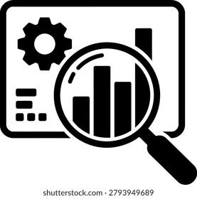 Magnifying glass examining bar chart on computer screen with gear icon