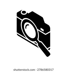 A magnifying glass examining a camera, symbolizing detailed photography analysis, close-up inspection of a modern DSLR, highlighting precision and scrutiny in a monochromatic illustration.
