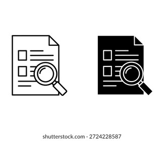 Magnifying glass examining document with text and boxes in white and black versions