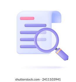 Magnifying glass examining financial document slips. 3D vector illustration.