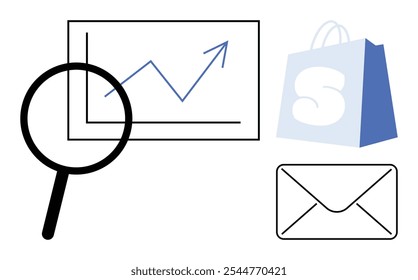 Lupa que examina la tabla de crecimiento, bolsa de compras azul que simboliza el comercio electrónico y un sobre que representa la comunicación. Ideal para análisis de negocio, comercio electrónico, estrategias de marketing