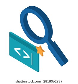 Magnifying glass examining html code on webpage, searching for errors or optimization
