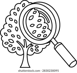 Magnifying Glass Examining a Leafy Tree Icon for Environmental Research and Nature Discovery Symbols