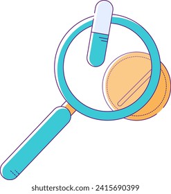 Magnifying glass examining a pill and a coin, Medical costs and pharmaceutical industry. Healthcare expenses and economy concept vector illustration.