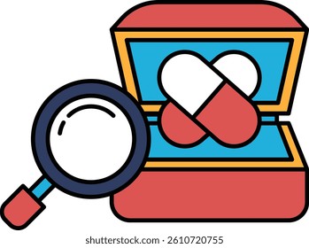 A magnifying glass is examining a red container filled with pills. The pills are red and white in color