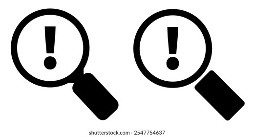 Magnifying glass and exclamation mark. Error warning icon. Business risk analysis symbol. Alert, error, alarm, danger.