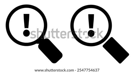 Magnifying glass and exclamation mark. Error warning icon. Business risk analysis symbol. Alert, error, alarm, danger.