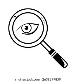 Magnifying Glass with Eye Inside Vector Illustration. A black and white vector illustration of a magnifying glass with a detailed human eye inside the lens.