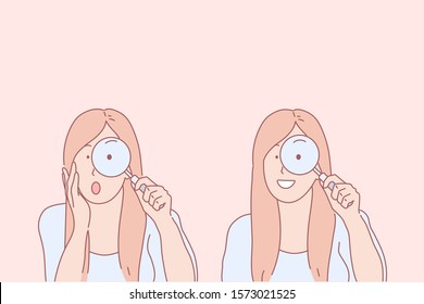 Magnifying glass features learning, exploration and discovery concept. Young woman with magnifier, girl looking through loupe, lens using, amazement and joy, interest. Simple flat vector
