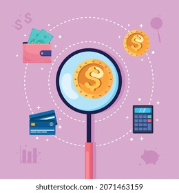 magnifying glass and financial icons