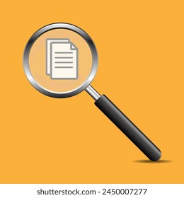 Magnifying glass find document isolated on yellow background. Vector Illustration.