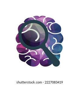 Magnifying glass finding neuron vector design. Brain neuron logo concept design.