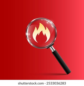 Icono de lupa y fuego, peligro y aviso de peligro sobre fondo rojo, inspección de vigilancia de incendios, concepto de conflagración y extinción de incendios, concepto de precaución y alerta - Vector