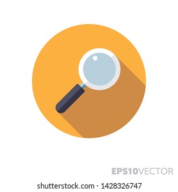 Magnifying glass flat design round icon. Color symbol of search and examination. Long shadow vector illustration in a circle isolated on white background.