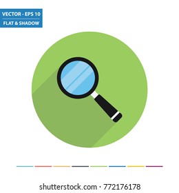 Magnifying glass flat icon with long shadow. Vector Illustration.