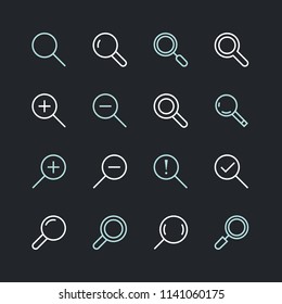 Magnifying glass flat line icons. Search, zoom in and out icon. Thin signs for user interface. Pixel perfect 48x48. Editable Strokes.