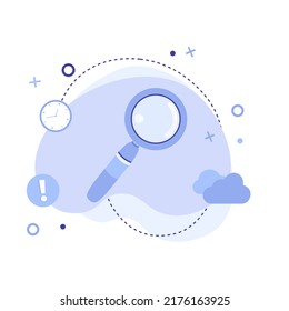 Ilustración vectorial plana de vidrio con iconos sobre fondo abstracto. Búsqueda, planificación, prueba, análisis, webinar o concepto de educación en línea. Se puede usar para banner web, sitio web o aplicación