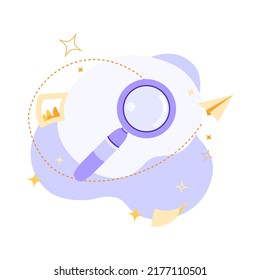 Magnifying glass flat vector illustration with icons on abstract background. Search, planning, test, analysis, webinar or online education concept. Can be used for web banner, infographic, website