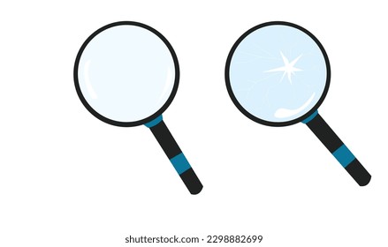 Magnifying glass flat vector set. Broken magnifying glass vector. Glass waste. Searching icon. Cartoon style.