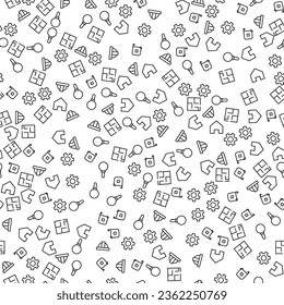 Magnifying Glass, Floor Plan, Brick Wall, Gear, Cogwheel, Liner, Pencil Seamless vector pattern made of line icons. Suitable for web wrapping, printing, web sites, apps