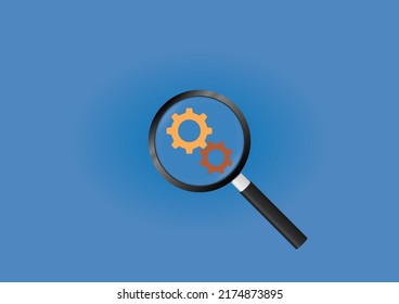 Magnifying Glass Focus on Gears, Suitable for Financial, Business, and Management Concept.