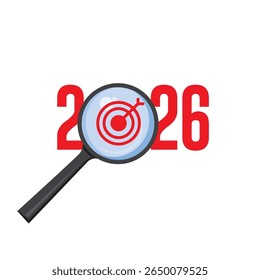 Ampliação do foco da lente para o objetivo com o número do ano de 2026. planejamento do desenvolvimento e foco do conceito do alvo. meta 2026