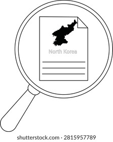 A magnifying glass is focused on a document displaying the map of North Korea and text.