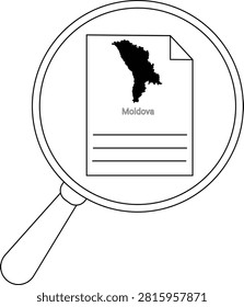 A magnifying glass is focused on a document displaying the map of Moldova.