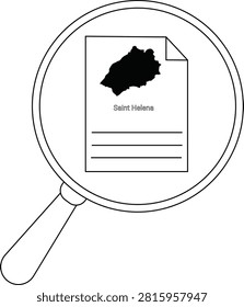A magnifying glass is focused on a document displaying the map of Saint Helena.