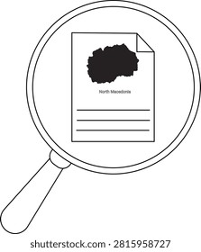 A magnifying glass is focused on a document displaying the outline of North Macedonia and some text lines.