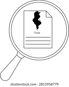 A magnifying glass is focused on a document displaying the outline map of Tunisia and the word Tunisia.