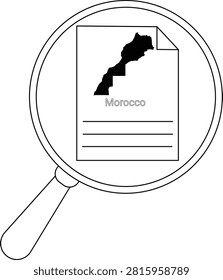 A magnifying glass is focused on a document displaying the outline of Morocco and lines for text.