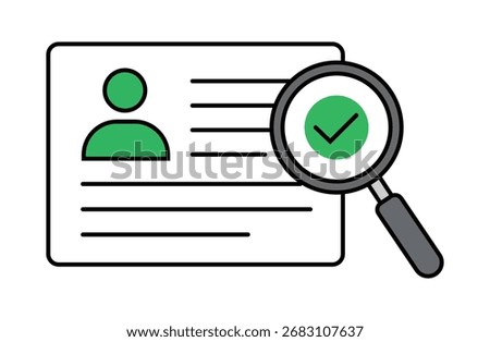 A magnifying glass is focused on an identification card, highlighting a green checkmark, symbolizing verification and approval of personal data.