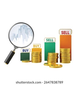 A magnifying glass focuses on a city skyline graph, symbolizing market analysis. Stacks of gold coins represent financial growth, with 'Buy' and 'Sell' indicators suggesting trading opportunities.