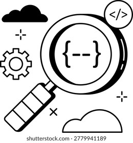 A magnifying glass focuses on coding brackets beside a gear and clouds. This represents software debugging and technical code analysis for web development projects.