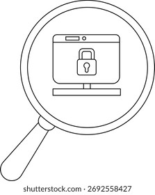 A magnifying glass focuses on a computer monitor displaying a lock symbol indicating security measures