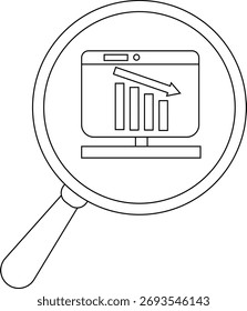 Uma lupa focaliza em uma tela de computador exibindo um gráfico de tendência descendente