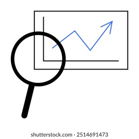 A magnifying glass focuses on a financial chart showing an upward trend line. Ideal for business analysis, market research, data visualization, finance, growth tracking.
