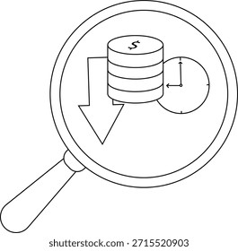 Magnifying glass focuses on a stack of coins with a dollar sign a clock and a descending arrow - Powered by Shutterstock - Get 15% off with code: PIKWIZARD15