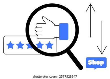 Magnifying glass focuses on thumbs up above five-star ratings with bidirectional arrows and shop text. Ideal for customer reviews, business analysis, retail improvement, consumer feedback, online