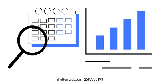 Magnifying glass focusing on a calendar beside a bar chart with four ascending blue bars. Ideal for business analysis, project planning, data review, time management, performance tracking