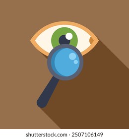 Magnifying glass is focusing on a green open eye, symbolizing concepts like vision analysis, medical research or detailed observation