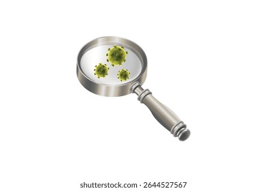 Magnifying glass focusing on green virus. Scientific tool illustration for health and microbiology.