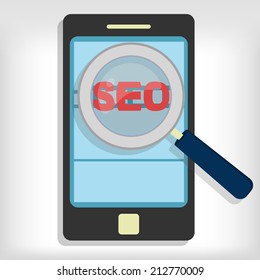 Magnifying glass focusing on the word "seo" representing the optimization of websites in a smartphone. Seo optimization in smartphone