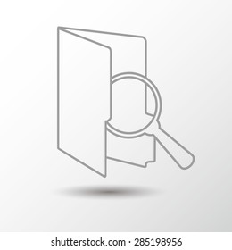 Magnifying glass with folder vector icon outlines on white background