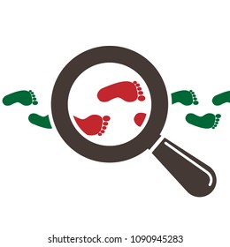 Magnifying glass and footprints vector flat illustration. Detective inspection concept.