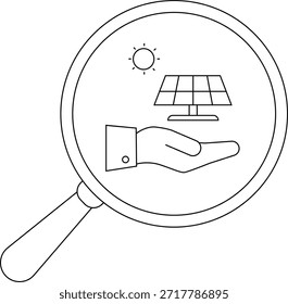 Una lupa enmarca una mano sosteniendo un panel solar bajo un sol radiante