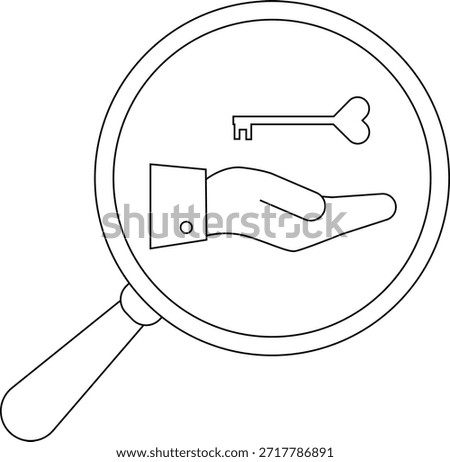 A magnifying glass frames a hand proffering a key set against a plain background