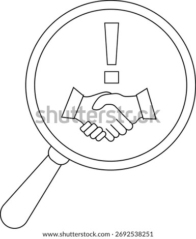 A magnifying glass frames a handshake below an exclamation mark rendered as a black and white outline