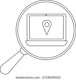 Una lupa enmarca un portátil mostrando un pin de mapa
